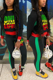 Black Fashion Casual Print Patchwork O Neck Long Sleeve Two Pieces
