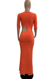 Orange Fashion Sexy Solid Hollowed Out O Neck Short Sleeve Dress
