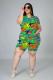 Green Polyester Fashion Casual adult O Neck Patchwork Print Two Piece Suits Plus Size