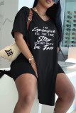 Pink Fashion Casual Letter Print Slit V Neck Short Sleeve Two Pieces