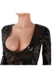 Black Sexy Solid Backless perspective Long Sleeve V Neck