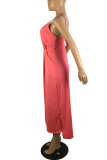 watermelon red Polyester Sexy Spaghetti Strap Sleeveless V Neck Step Skirt Knee-Length Solid Dresses