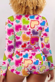 Pink Street Print Buttons V Neck Regular Rompers