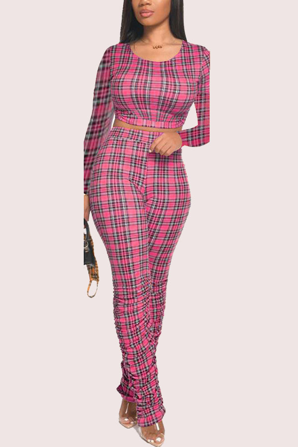 rose red Fashion Casual adult Ma'am Plaid Patchwork Two Piece Suits pencil Long Sleeve Two Pieces
