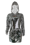 Silver Fashion Sexy Solid Sequins Split Joint Hooded Collar Long Sleeve Dresses
