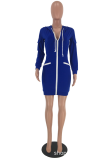Blue Sexy Patchwork Draw String Hooded Collar A Line Dresses