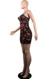 Black Fashion Sexy Lips Printed Backless O Neck Sling Dress
