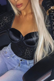 Black Sexy Leopard See-through Square Collar Skinny Bodysuits