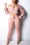 Pink venetian Sexy Solid Bandage Two Piece Suits pencil Long Sleeve Two Pieces