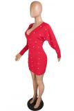 Red Fashion adult Casual Cap Sleeve Long Sleeves V Neck Step Skirt Mini Patchwork Solid Beadin