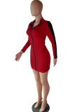 Wine Red Polyester Sexy Cap Sleeve Long Sleeves Hooded Step Skirt Knee-Length chain Patchwork Solid