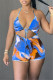 Blue Fashion Sexy Print Tie Dye Hollowed Out Backless Swimwears