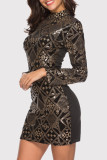 Gold Fashion Sexy Embroidery Sequins Patchwork Half A Turtleneck Long Sleeve Dresses