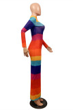 Rainbow Color Sexy Casual Print See-through Zipper Collar Long Sleeve Dresses