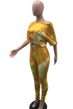 Yellow Blends Lightly cooked Print Tie Dye Straight Long Sleeve Two Pieces