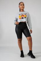 Grey Polyester O Neck Long Sleeve Character Letter crop top Print Tees & T-shirts