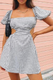 White Sexy Plaid Hollowed Out Square Collar A Line Dresses