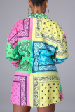 Colour Sexy Print Patchwork Turndown Collar Pencil Skirt Dresses