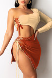 Pink Fashion Sexy Patchwork Backless Strap Design One Shoulder Long Sleeve Dresses