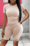 Light Coffee Casual Solid Patchwork O Neck Short Sleeve Two Pieces