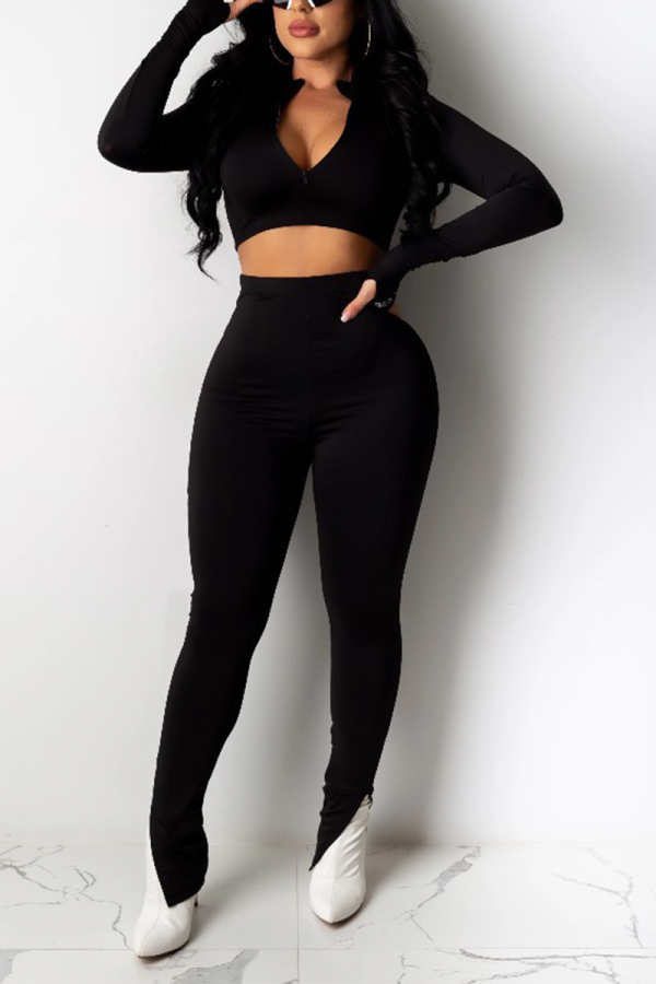 Black Casual Solid Patchwork Zipper Collar Long Sleeve Two Pieces