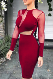 Blue Sexy Patchwork Mesh O Neck Pencil Skirt Dresses