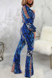 multicolor Fashion Sexy Print Polyester Long Sleeve Turndown Collar Jumpsuits