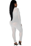 White Sexy Hot Drilling zipper Network Long Sleeve O Neck Jumpsuits