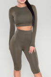 Khaki Casual Solid Split Joint O Neck Long Sleeve Two Pieces