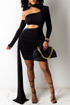 Black Sexy Solid Split Joint Half A Turtleneck Asymmetrical Dresses