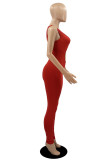 Red Fashion Sexy Solid Hollowed Out Backless U Neck Skinny Jumpsuits