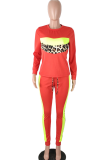 Red Casual Leopard Patchwork O Neck Long Sleeve Two Pieces