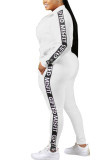 White Fashion Casual Adult Polyester Letter Patchwork Split Joint Turndown Collar Long Sleeve Regular Sleeve Regular Two Pieces