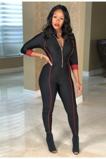 Black Sexy Fashion Patchwork Solid zipper Acetyl fiber Long Sleeve Turndown Collar Jumpsuits