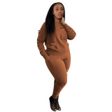 Brown adult Casual Fashion Solid HOLLOWED OUT Two Piece Suits pencil Long Sleeve Two-piece Pant