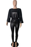 Black Fashion British Style Adult Faux Leather Solid O Neck Long Sleeve Lantern Sleeve Regular Two Pieces