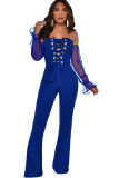 Royal blue Light bandage Hollow Solid Patchwork Long Sleeve Wrapped Jumpsuits