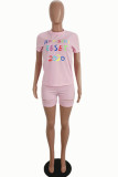 Pink venetian Fashion adult Ma'am Street Letter Burn-out Two Piece Suits pencil Short Sleeve Two Pieces