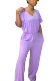 Grey Fashion Casual Solid Polyester Short Sleeve O Neck Jumpsuits