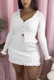 White Fashion Casual adult Ma'am Solid Two Piece Suits A-line skirt Long Sleeve Two Pieces