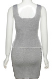 Grey Casual Patchwork Solid Hip skirt Sleeveless Two Pieces
