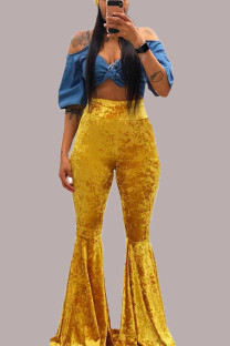 Yellow Polyester Elastic Fly High Solid Boot Cut Pants Bottoms