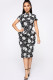 Black Polyester Casual Cap Sleeve Short Sleeves O neck Step Skirt Knee-Length Print Floral Casual Dresses