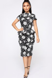 White Polyester Casual Cap Sleeve Short Sleeves O neck Step Skirt Knee-Length Print Floral Casual Dresses