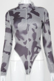 Grey Work Daily Print Patchwork O Neck Mid Waist Tops