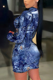 Blue Sexy Print O Neck Pencil Skirt Dresses