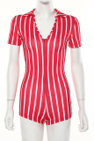 Red Sexy Striped Patchwork V Neck Skinny Rompers