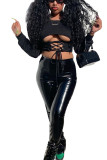 Black Sexy Faux Leather Solid Split Joint O Neck Long Sleeve Regular Sleeve Short Two Pieces