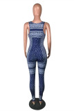 Blue Fashion Sexy Strap Design V Neck Skinny Jumpsuits
