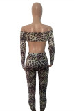 Multicolor Sexy Print Leopard Hollowed Out Backless Off the Shoulder Long Sleeve Two Pieces